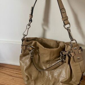 COACH Stylish Tan Patent Leather Perforated “C’s” Shoulder Bag